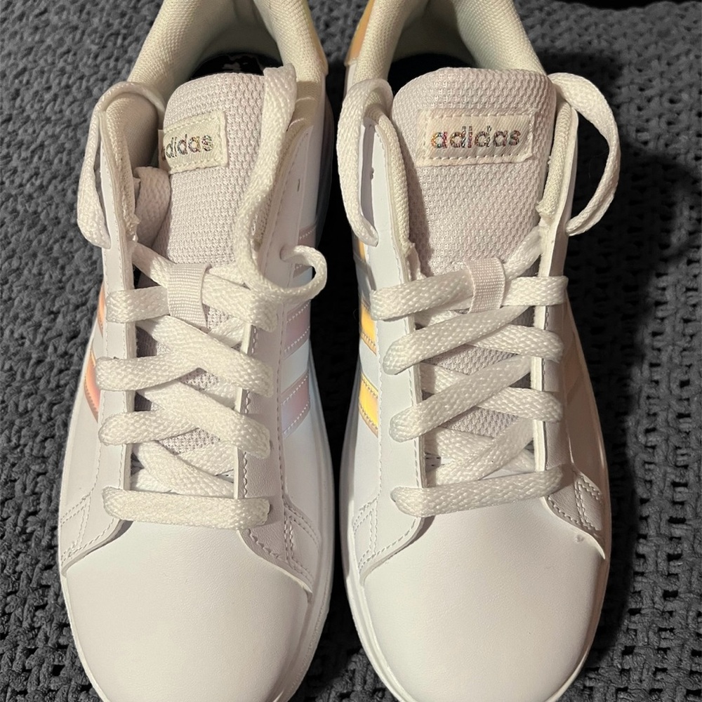 adidas Kids White Sneakers with Pink & Yellow Stripes